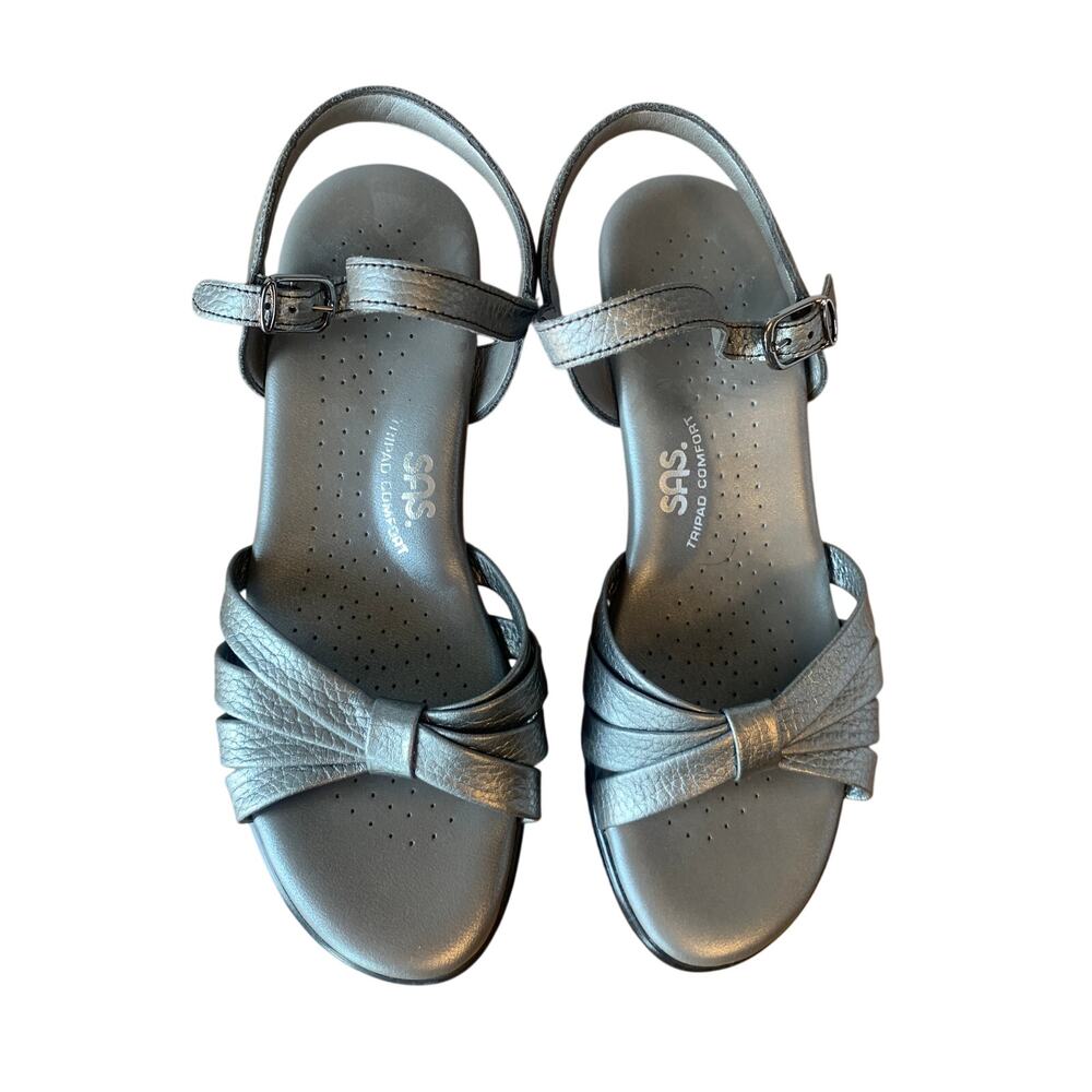 SAS Strippy Quarter Strap Women's Sandals Wedge 7M Comfort Silver EUC USA